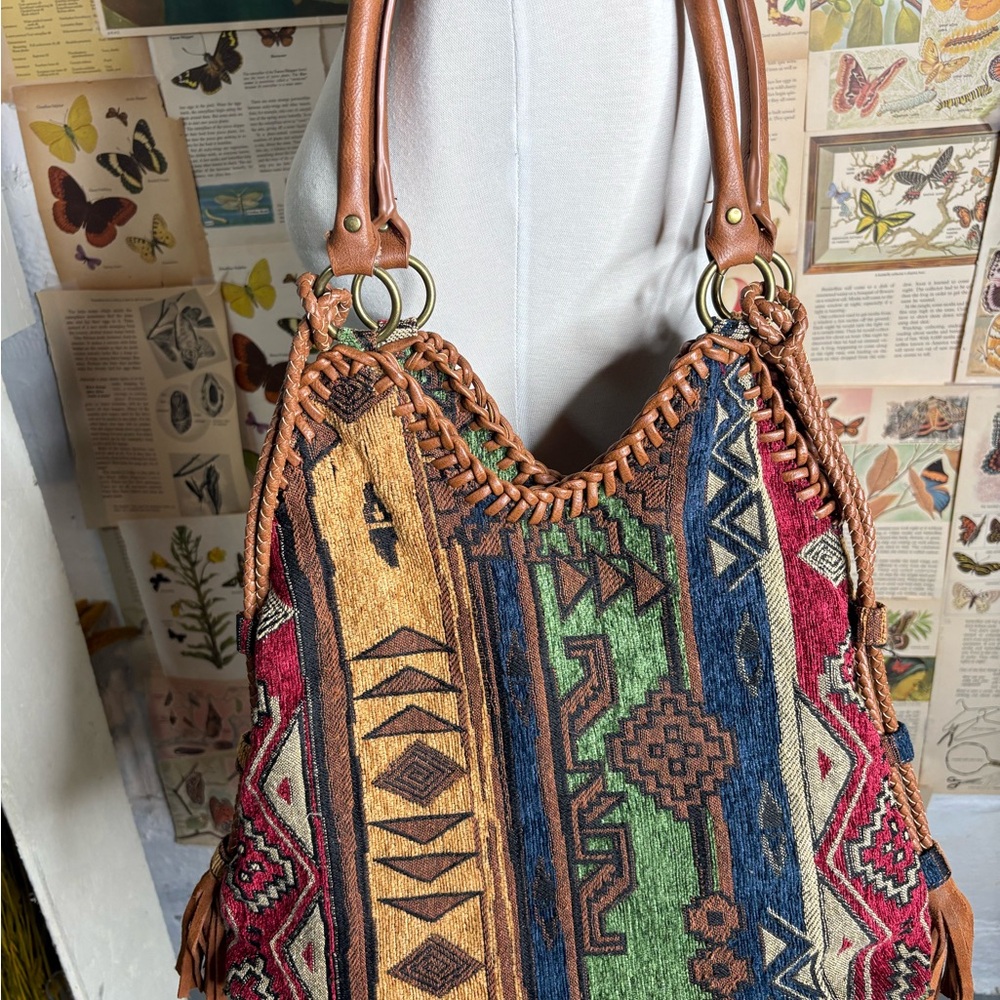 Boho Woven Multi-Color Tote Bag with Leather Handles